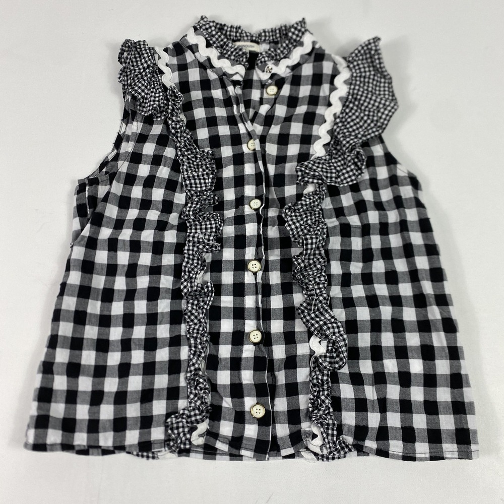 Manoush Blouse Womens 6‎ Black White Gingham Ruffle Sleeveless Button Front